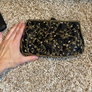 Beaded black clutch, perfect for night out, snap closure